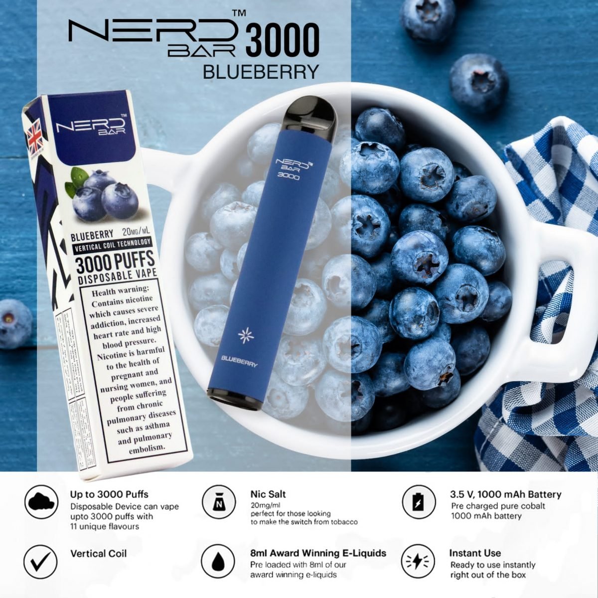 Nerd Bar 3000 Puffs Disposable Pod Vape Blueberry Flavour