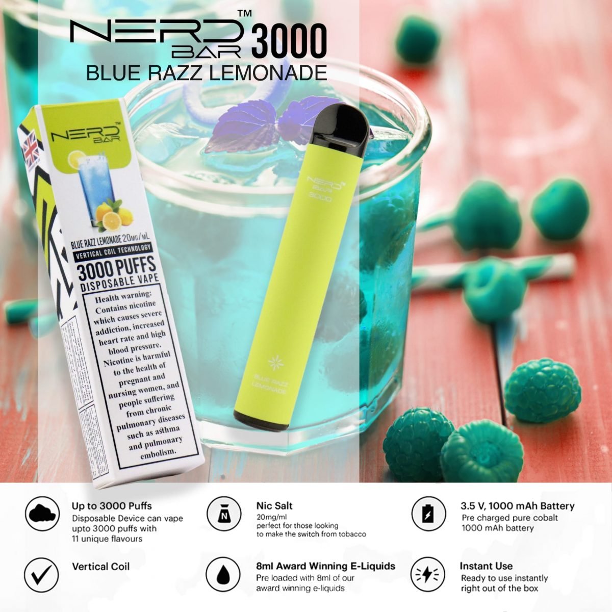 Nerd Bar 3000 Puffs Disposable Pod Vape Blue razz Lemonade Flavour