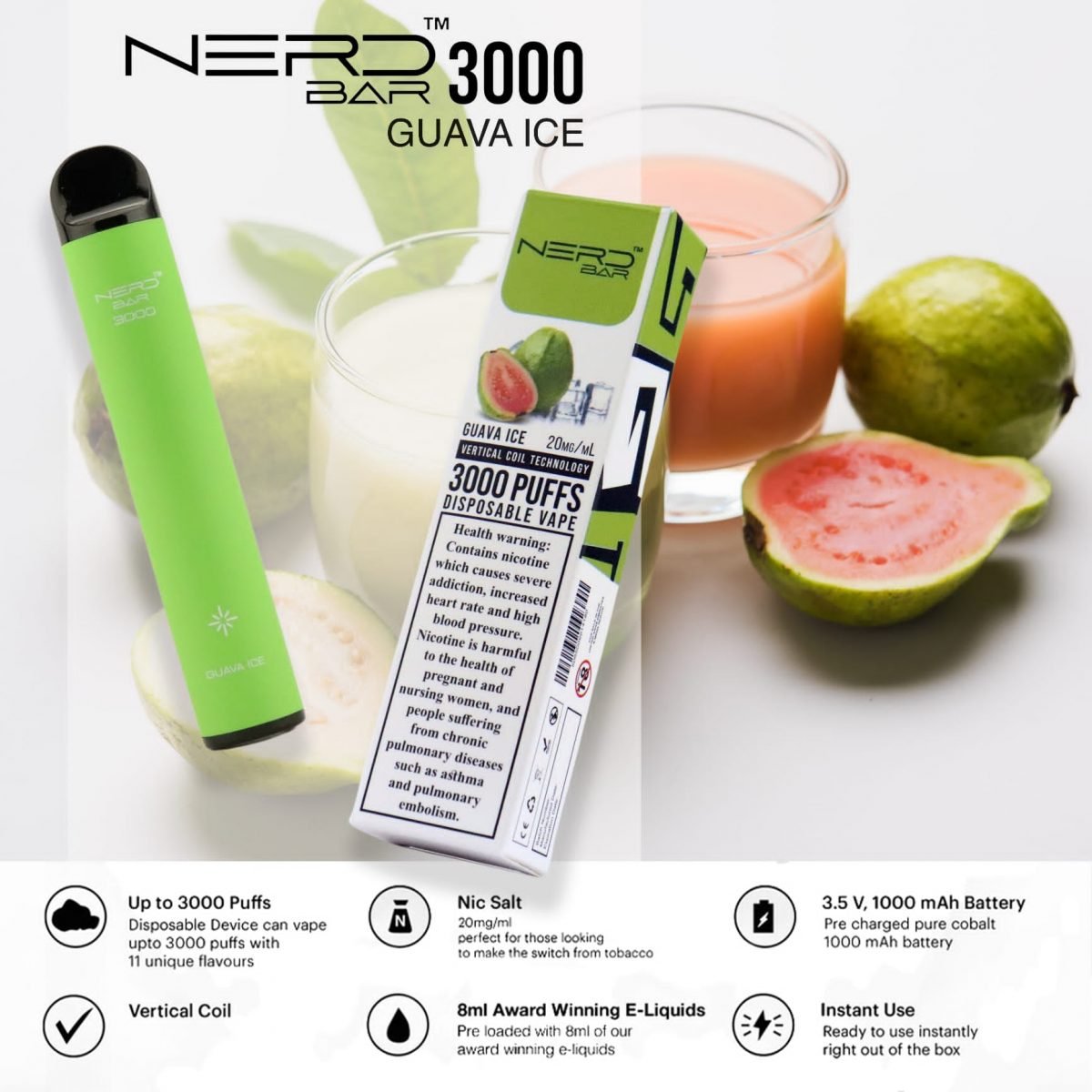 Nerd Bar 3000 Puffs Disposable Pod Vape Guava Ice Flavour