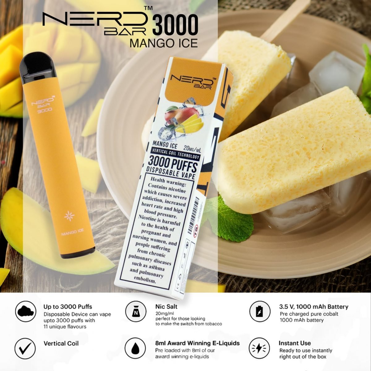 Nerd Bar 3000 Puffs Disposable Pod Vape-Mango Ice Flavour