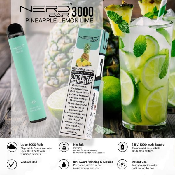 Nerd Bar 3000 Puffs Disposable Pod Vape Pineapple Lemon Lime Flavour