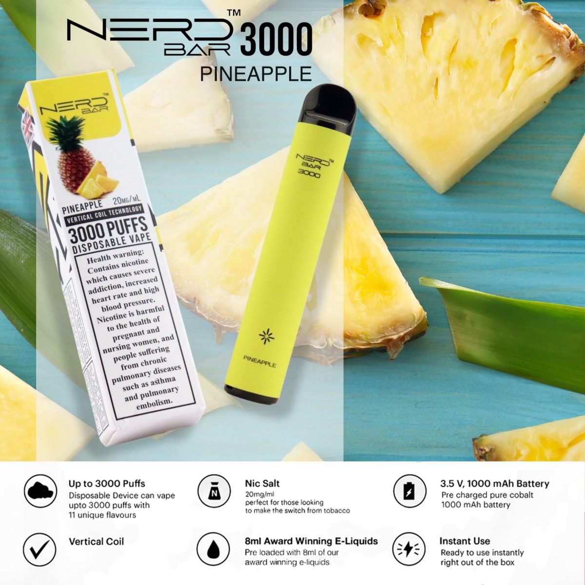 Nerd Bar 3000 Puffs Disposable Pod Vape Pineapple Flavour