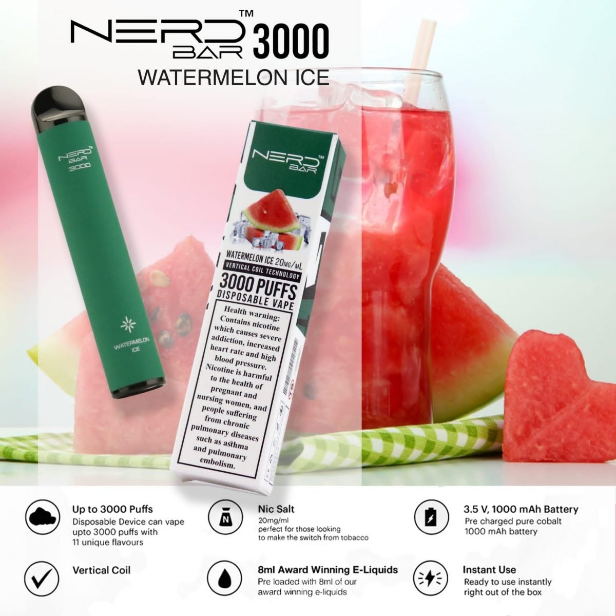 Nerd Bar 3000 Puffs Disposable Pod Vape Watermelon Ice