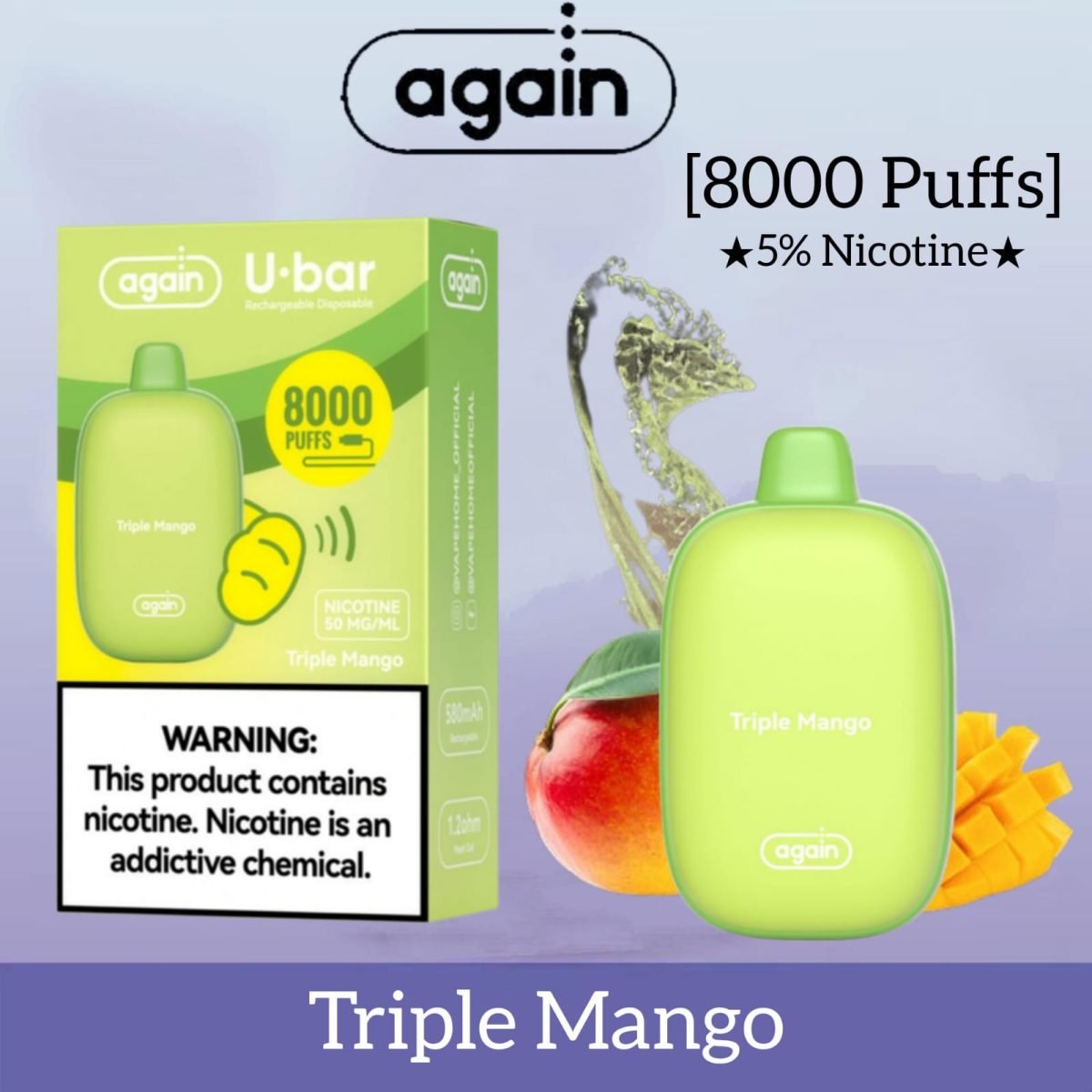 Again U Bar 8000 Puffs Disposable Vape- Triple Mango