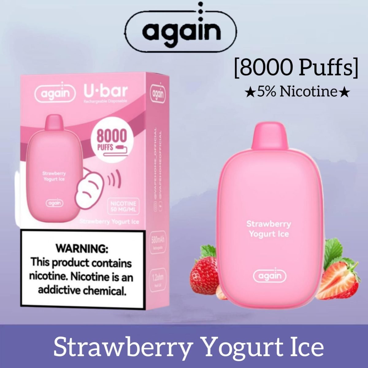 Again U Bar 8000 Puffs Disposable Vape- Strawberry Yogurt Ice