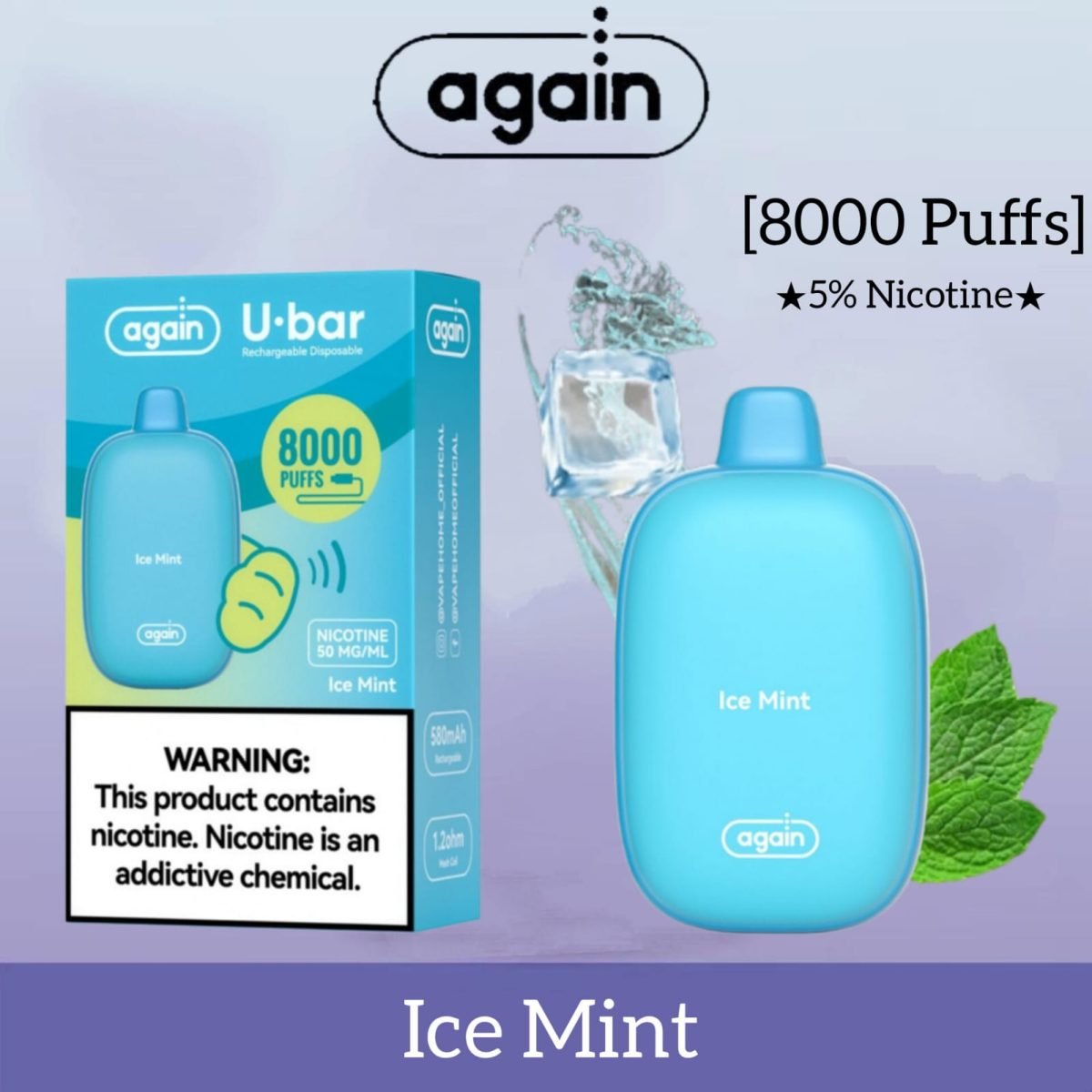 Again U Bar 8000 Puffs Disposable Vape- Ice Mint