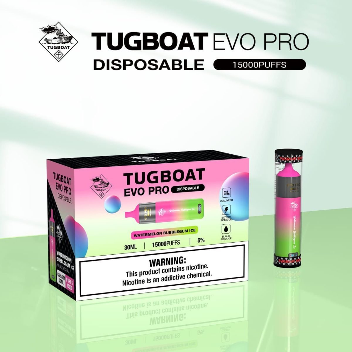 Tugboat EVO Pro 15000 Puffs Disposable Vape- Watermelon Bubble Gum Ice