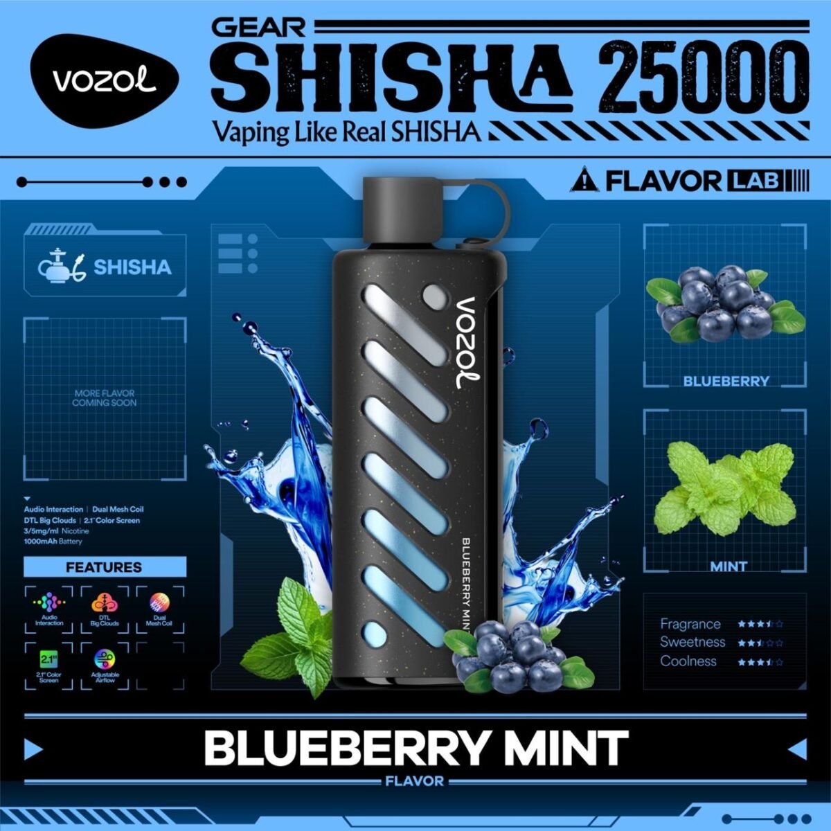 Vozol Gear Shisha 25000 Puffs Disposable Vape- Bluebrry Mint