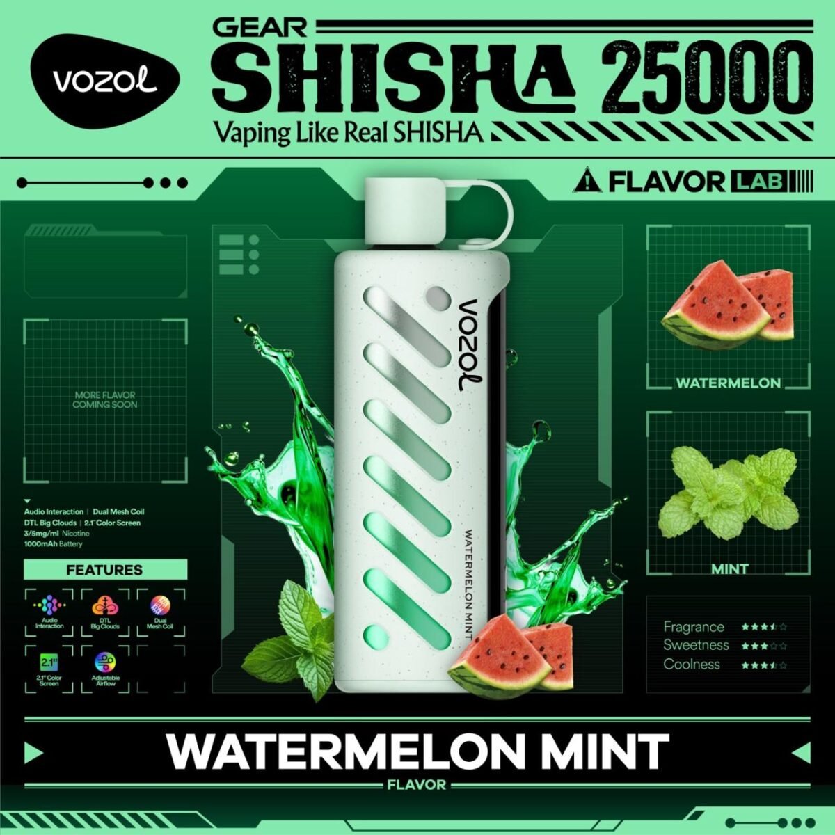 Vozol Gear Shisha 25000 Puffs Disposable Vape- Watermelon Mint