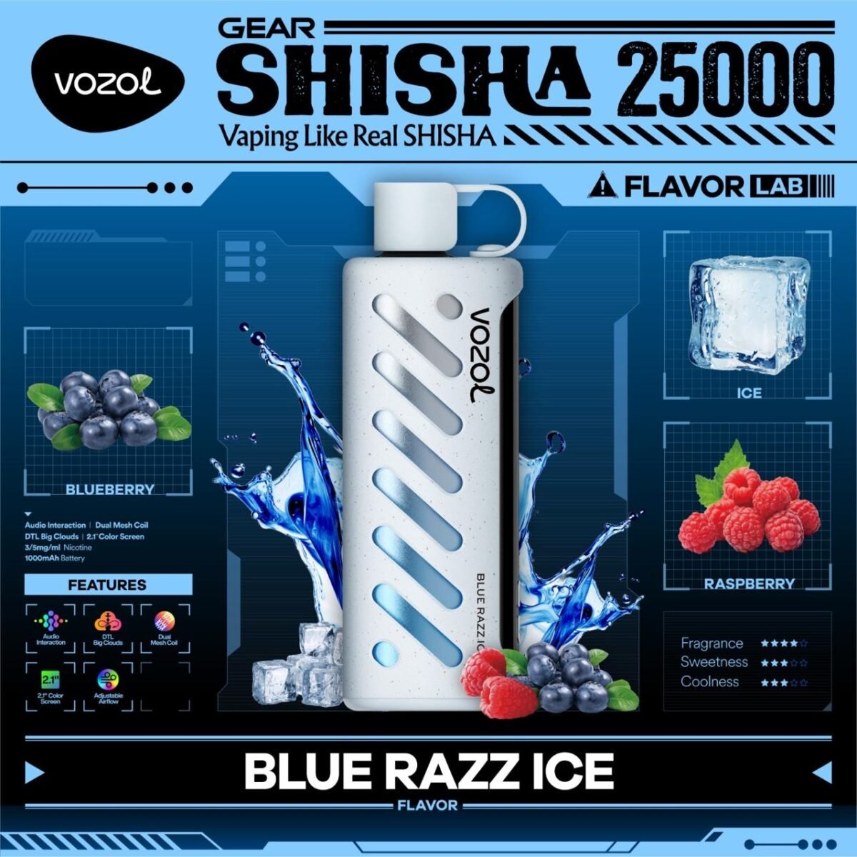 Vozol Gear Shisha 25000 Puffs Disposable Vape- Blue Razz Ice