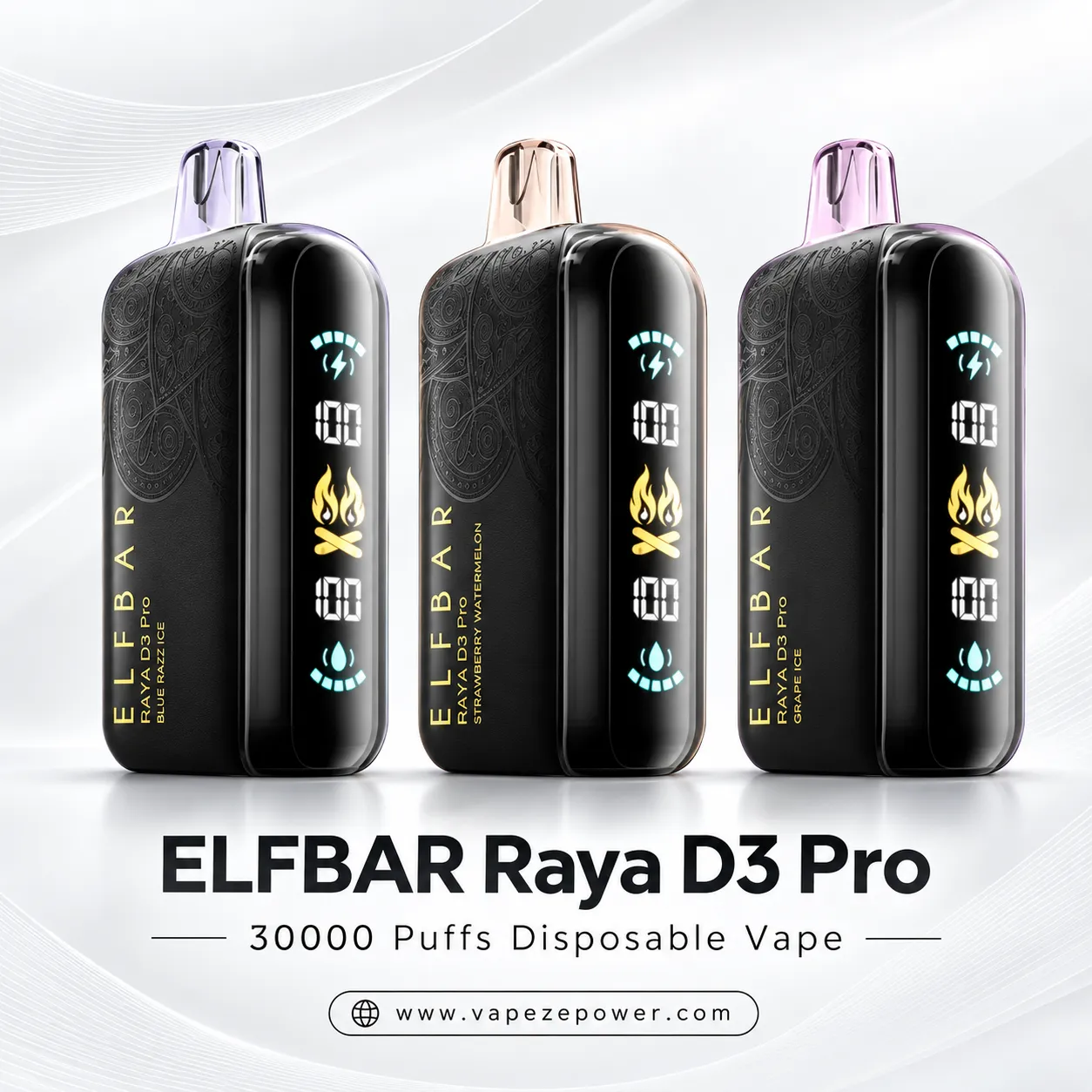 ELF BAR Raya D3 Pro 30000 Puffs ELF BAR Raya D3 Pro - Blue Razz Ice, Strawberry Watermelon and Grape Ice flavours