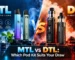 Comparison graphic of MTL and DTL pod kits with arrows showing their different inhalation paths.