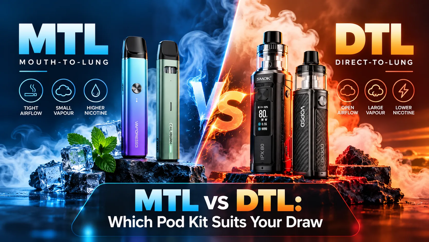 Comparison graphic of MTL and DTL pod kits with arrows showing their different inhalation paths.