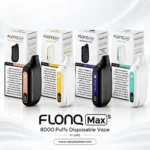 FLONQ Max S 8000 devices with boxes in Cherry Peach Lemon, Mango Peach, Blackberry Mint and Fresh Mint flavours