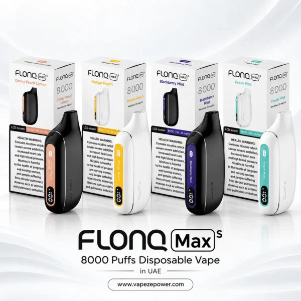 FLONQ Max S 8000 devices with boxes in Cherry Peach Lemon, Mango Peach, Blackberry Mint and Fresh Mint flavours
