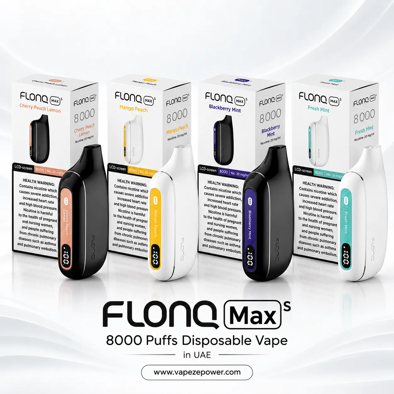 FLONQ Max S 8000 Puffs Disposable Vape FLONQ Max S 8000 devices with boxes in Cherry Peach Lemon, Mango Peach, Blackberry Mint and Fresh Mint flavours